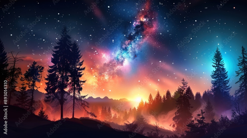 Fototapeta premium Night forest, starry sky,