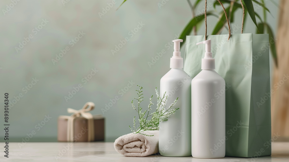 Soft Green Paper Bag and White Shampoo Bottles in 3D Rendered Minimalist Platform Setup for Aroma Therapy Ad Soft Green Paper Bag and White Shampoo Bottles in 3D Rendered Minimalist Platform Setup for Aroma Therapy Ad