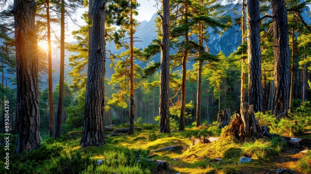 Pine forest, towering trees, Pine forest, towering trees,