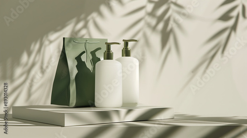 Modern Minimalist Advertisement Featuring White Shampoo Bottles on Platform with Soft Green Paper Bag for Aroma Therapy