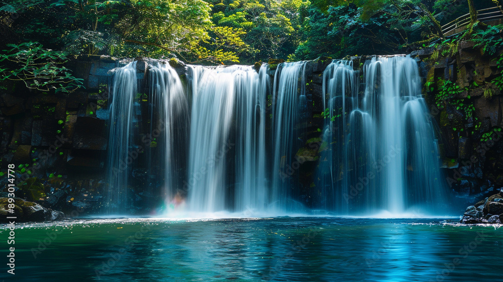 Fototapeta premium The raw power of a stunning waterfall against green foliage