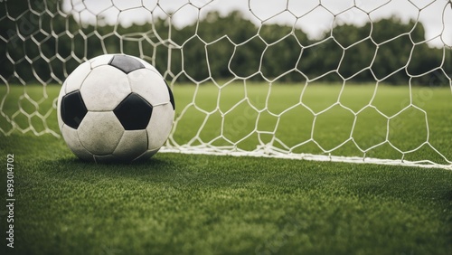Soccer ball nestled in the goal on a green grassy field