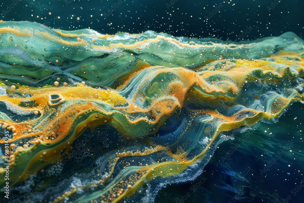 Obraz premium Microbial Mats: An image showing microbial mats in water, illustrating layered communities of microorganisms with distinct metabolic processes