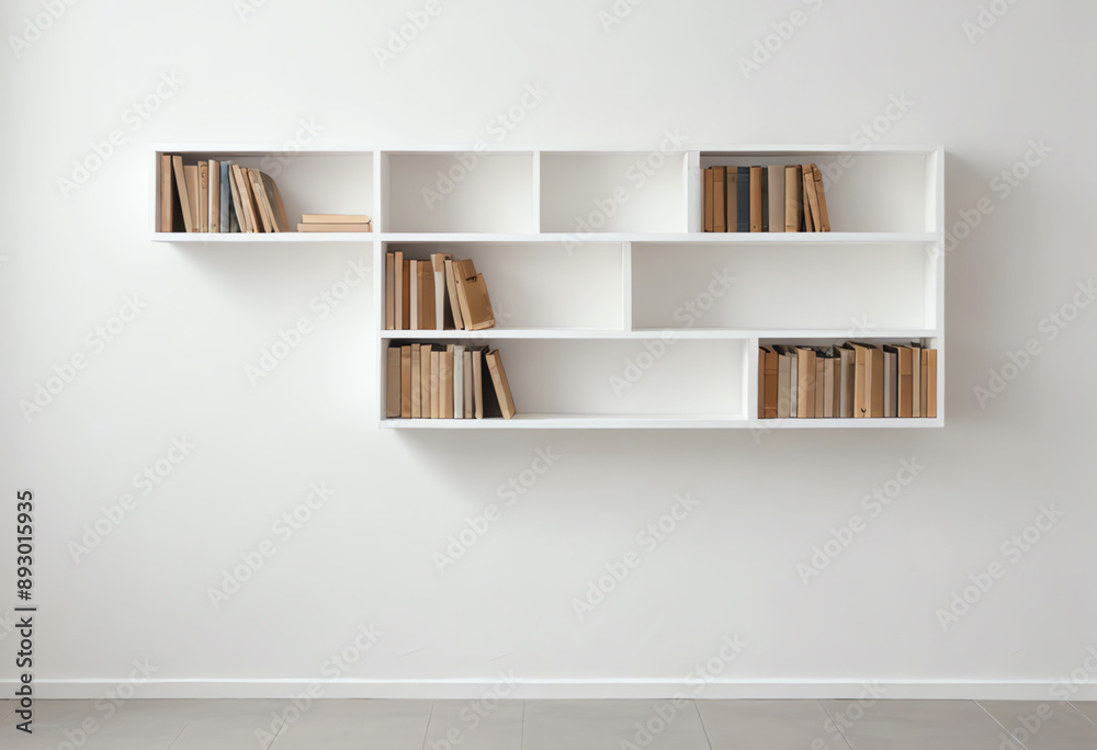 Fototapeta premium wall copy space with book shelves attached on wall, white wall background