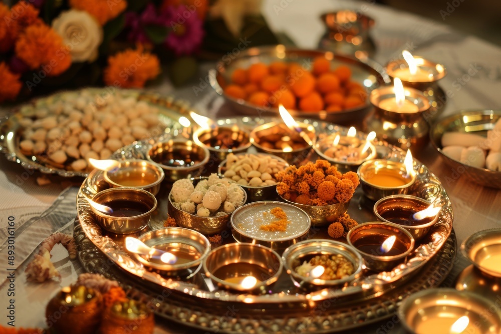 A Festive Arrangement of Diyas and Offerings A Festive Arrangement of Diyas and Offerings