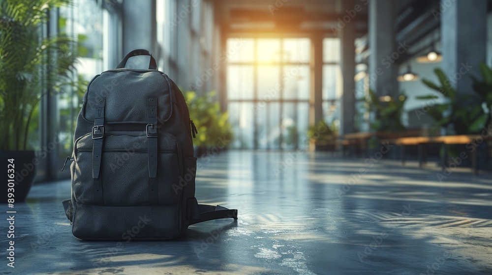 Obraz premium A Black Backpack Sitting on the Floor of an Empty Building With a Potted Plant in the Background - Generative AI