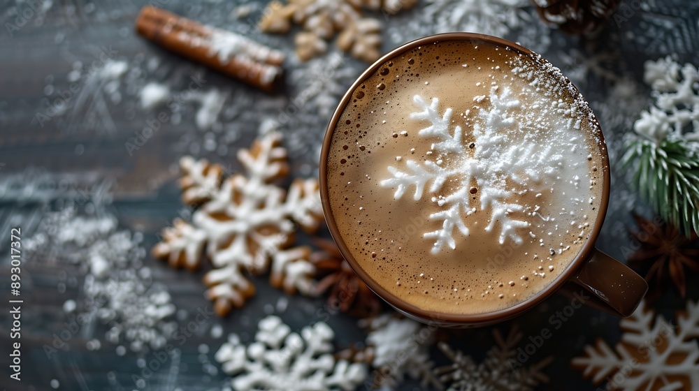 Winter Vibes - Top View of Coffee with Beautiful Snowflake Foam Art Winter Vibes - Top View of Coffee with Beautiful Snowflake Foam Art