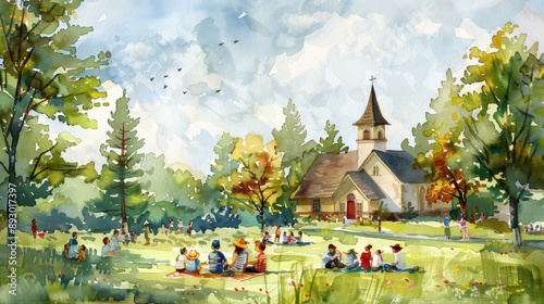 A picturesque watercolor painting of a church in the countryside, with people enjoying a sunny day, surrounded by lush trees and nature.