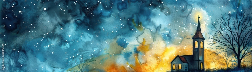Fototapeta premium Beautiful night sky painting of a church with a glowing backdrop and stars scattered across the dark blue sky.