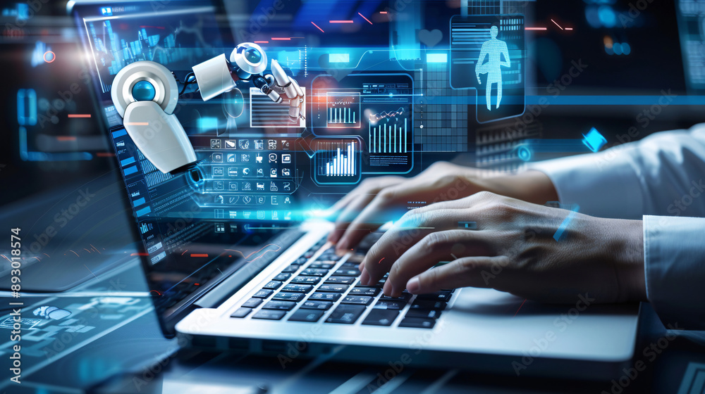 Person using laptop with robotic arm and digital data visuals. Perfect for technology, artificial intelligence, innovation, and futuristic concepts. Person using laptop with robotic arm and digital data visuals. Perfect for technology, artificial intelligence, innovation, and futuristic concepts.