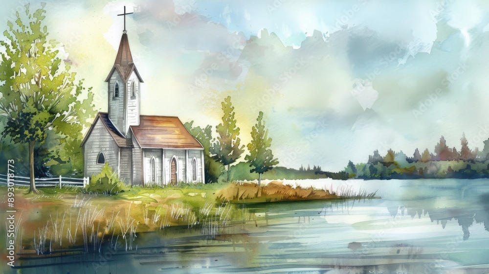 Fototapeta premium Serene watercolor painting of a quaint lakeside chapel, surrounded by trees and reflecting on the calm water, under a cloudy sky.