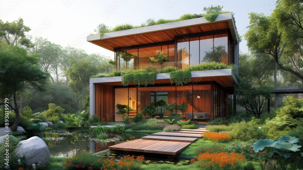 A Modern House in the Middle of a Lush Green Field With Trees and Flowers - Generative AI A Modern House in the Middle of a Lush Green Field With Trees and Flowers - Generative AI