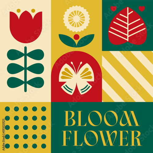 Spring Blooming Flower seamless pattern in scandinavian style postcard with Retro clean concept design