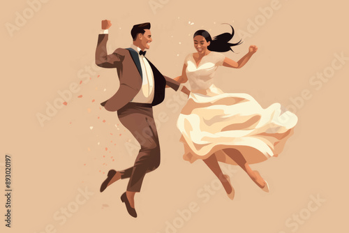 Joyful wedding couple dancing