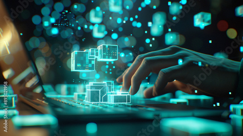 Hand typing on laptop, glowing cubes floating. Suitable for technology, innovation, cyberspace, programming concepts and futuristic design projects. Perfect for digital marketing materials.