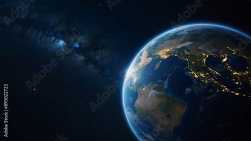 Planet earth from space with lights visible. Vision of sunrise over the earth visible from space. city ​​lights visible on the continents. © SinLand