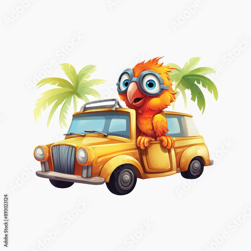 Parrot driving vintage car adventure