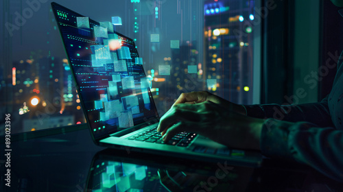 Person typing with laptop surrounded by digital squares, city lights at night. Suitable for technology or urban lifestyle concepts.