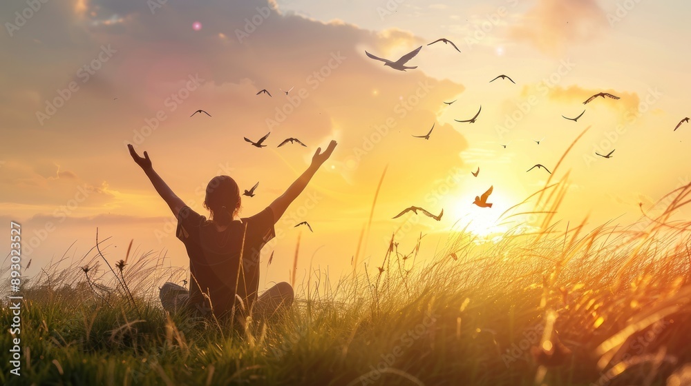 Silhouette of a Person with Arms Raised Against a Sunset Sky with Birds Flying Silhouette of a Person with Arms Raised Against a Sunset Sky with Birds Flying