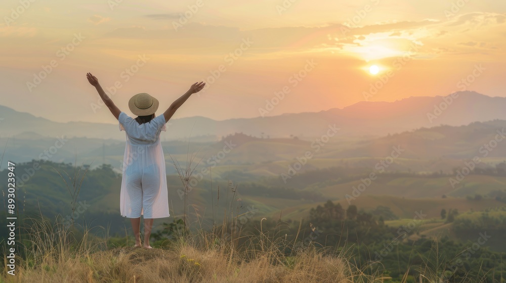 Woman in White Dress Embracing the Sunset over Rolling Hills Woman in White Dress Embracing the Sunset over Rolling Hills