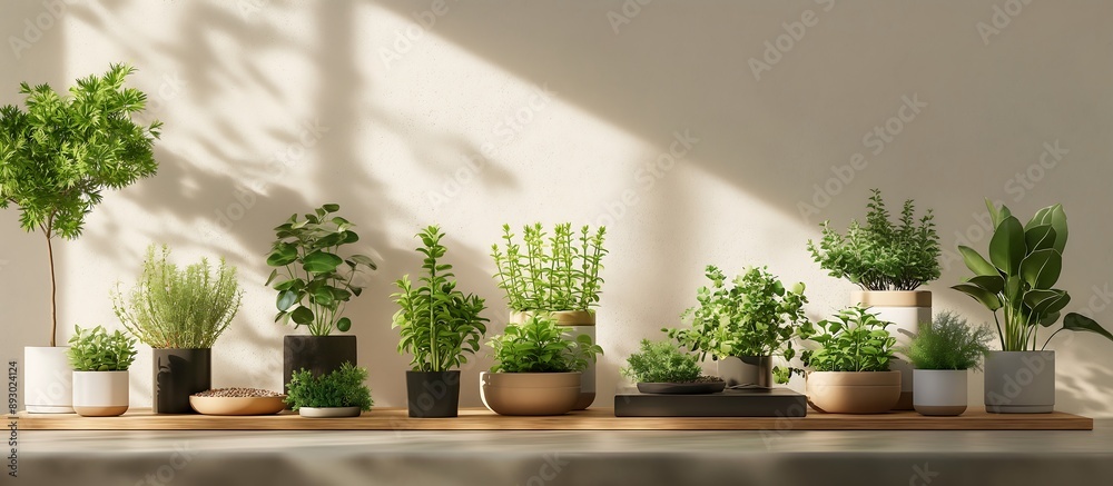 Fototapeta premium plant in a vase on the table, Indoor Garden Pedestal A sleek pedestal placed within a lush indoor garden, featuring various houseplants and greenery for a serene and fresh display environment.