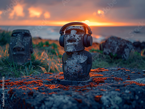 a stone statue with a pair of headphones on top, sitting in a grassy field with a scenic sunset in the background. photo