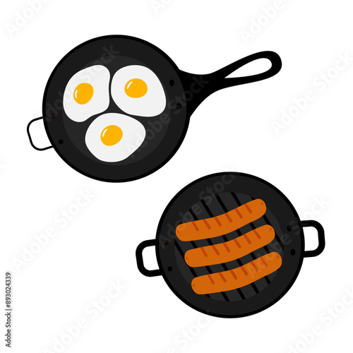 Grill pan with sausages and skillet with Fried eggs Top view. Culinary food poster or menu elements