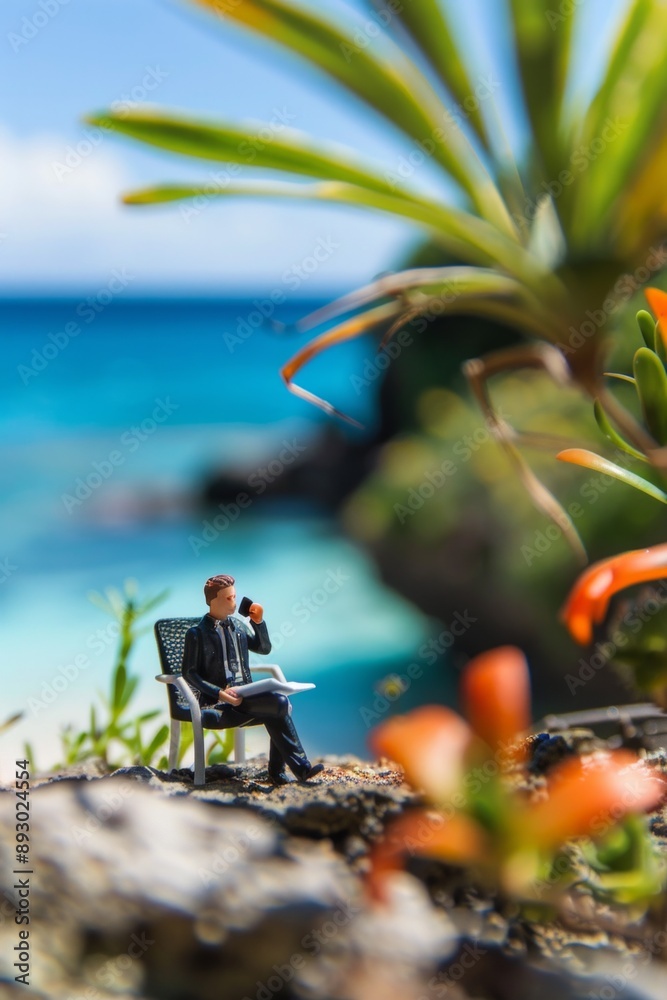A mini figure businessman relaxing at a seaside resort, perhaps on a phone call or reading a document, with a beautiful ocean view. A mini figure businessman relaxing at a seaside resort, perhaps on a phone call or reading a document, with a beautiful ocean view.