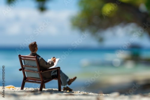A mini figure businessman relaxing at a seaside resort, perhaps on a phone call or reading a document, with a beautiful ocean view.