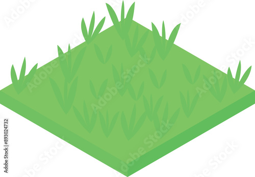 Green grass growing on square soil ground patch isometric view isolated on white background
