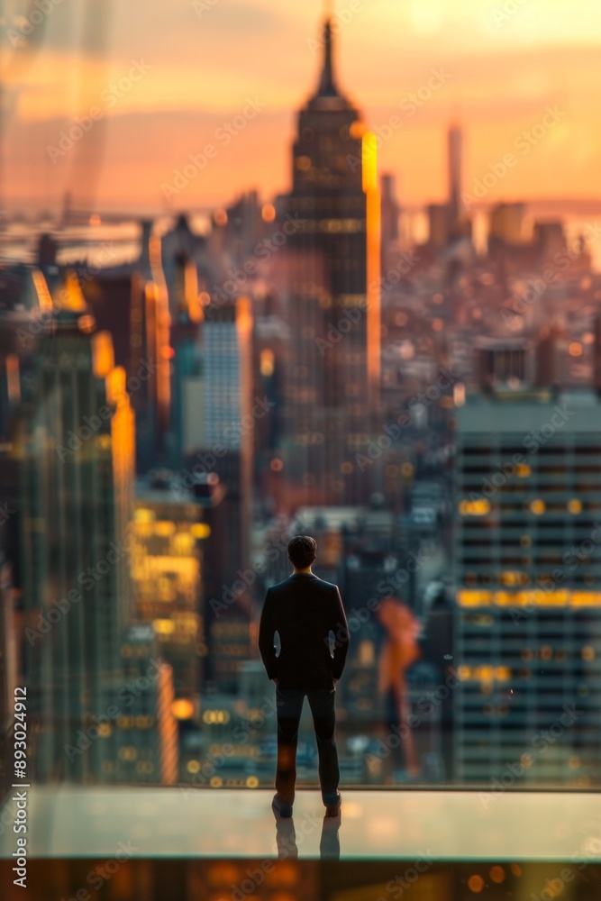 A mini figure businessman standing at the window of a high-rise office building, with a bustling city skyline in the background. A mini figure businessman standing at the window of a high-rise office building, with a bustling city skyline in the background.