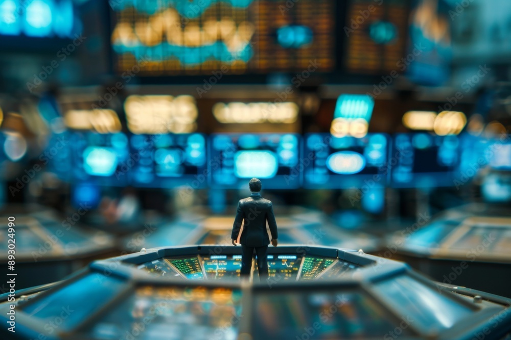 custom made wallpaper toronto digital A mini figure businessman on the bustling floor of a stock exchange, surrounded by screens displaying stock prices and other traders.