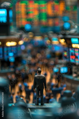 Wallpaper Mural  A mini figure businessman on the bustling floor of a stock exchange, surrounded by screens displaying stock prices and other traders.  Torontodigital.ca