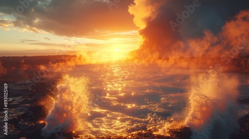 The Sun Is Setting Over a Body of Water With Some Steam Coming Out of It - Generative AI