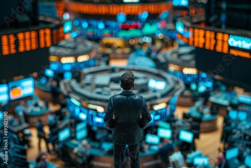 Wallpaper Mural  A mini figure businessman on the bustling floor of a stock exchange, surrounded by screens displaying stock prices and other traders.  Torontodigital.ca