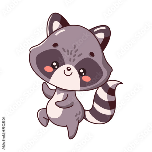 Happy dancing raccoon flat color vector illustration. Kid decor character. Cute exotic animal cub expressing positive icon on white background