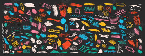 Abstract multicolored irregular strike-through strokes on black background. Hand-drawn in linear minimalist style perfect for creative designs and needs