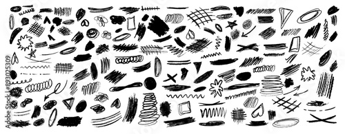 Bundle of abstract doodle patterns featuring strike-through strokes on white background. Variety of minimalist scribbles in linear monochrome art style