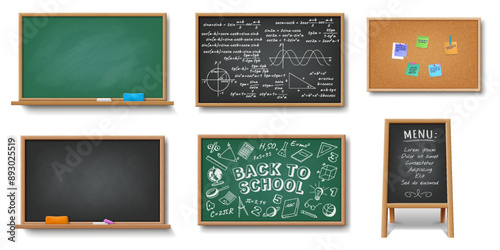 Illustrations of interactive boards for information on white background. Illustration set with various blackboards and equipment for presentation