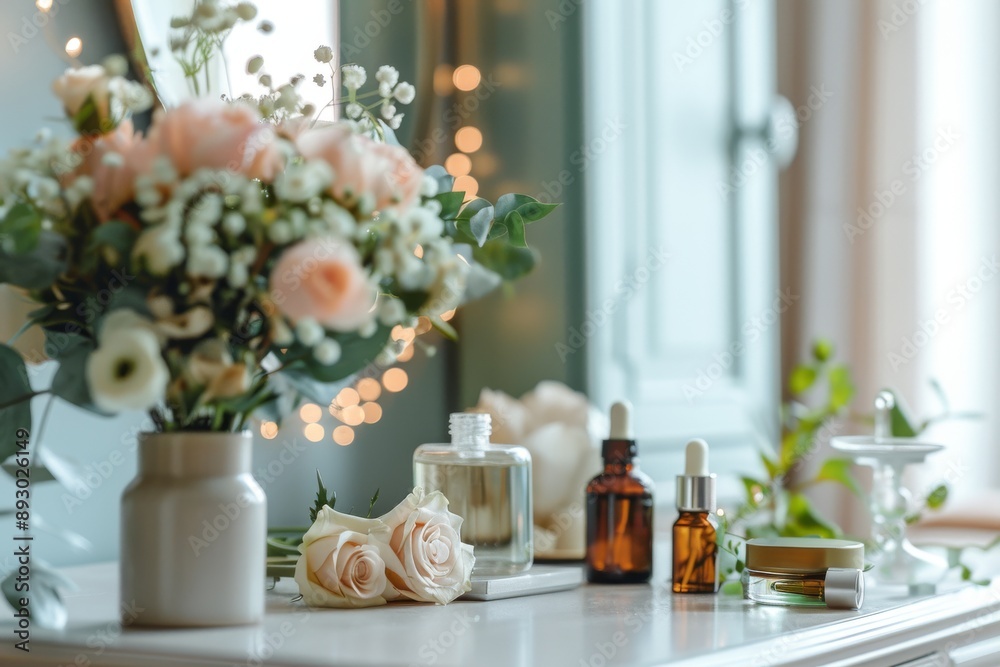 Floral Arrangement and Beauty Products on a White Table Floral Arrangement and Beauty Products on a White Table