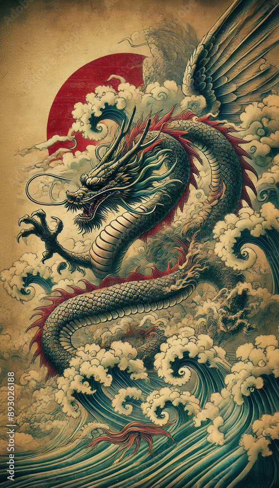 Fototapeta premium 墨絵、日本画、浮世絵／龍（ドラゴン）