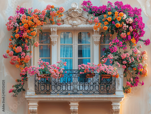 A white balcony on the side of a building with a flower box filled with pink roses.