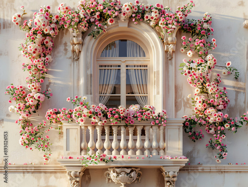 A white balcony on the side of a building with a flower box filled with pink roses.