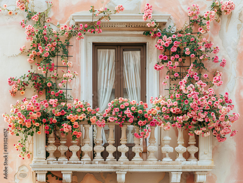 A white balcony on the side of a building with a flower box filled with pink roses.