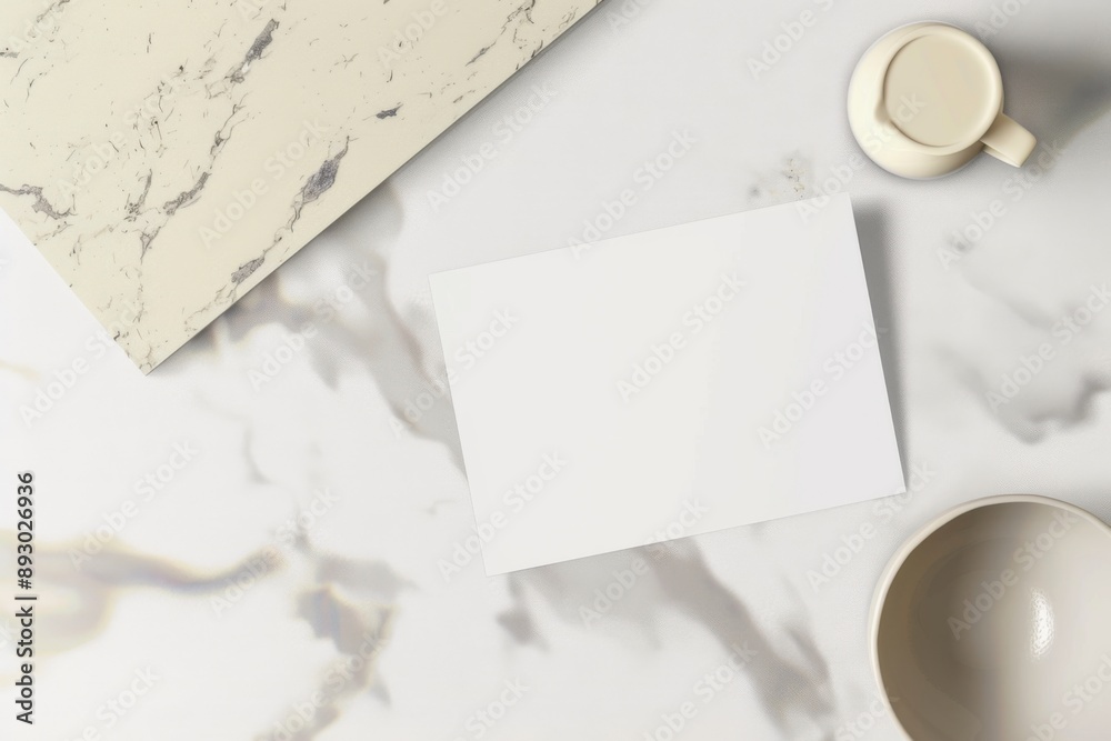 Top view of blank business card mockup on marble background Top view of blank business card mockup on marble background