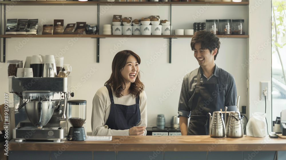 Obraz premium おしゃれなカフェの若い日本人バリスタ