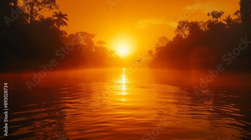 A Bird Flying Over the Water As the Sun Sets Behind the Trees in the Distance - Generative AI