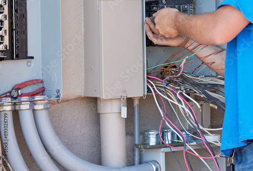 Electrician installing a transfer panel for a whole house generator