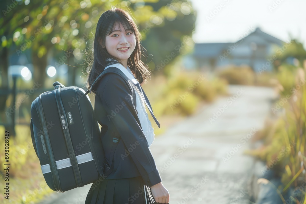 A college student is dragging a suitcase at school, smiling for the camera, wearing a black school uniform, fresh and lovely spring and summer wind A college student is dragging a suitcase at school, smiling for the camera, wearing a black school uniform, fresh and lovely spring and summer wind