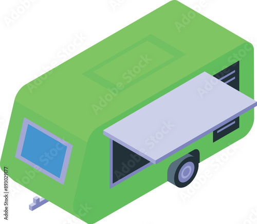 Green food truck trailer isometric view with open window for selling street food on the street